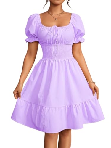 Women's Boho 2025 Summer Mini Dress, Square Neck Ruched Ruched Hem Elegant Dress