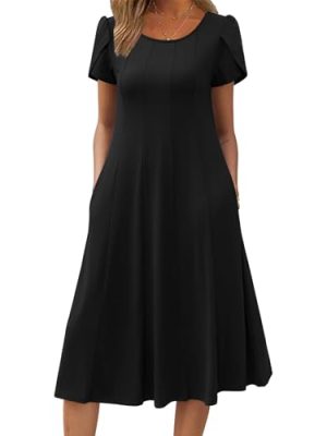 Womens Casual Dresses for Summer Short Sleeve Flare Midi Dress Loose Flowy Beach Sundress