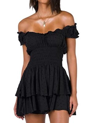 Womens Summer Tube Top Dress Off-Shoulder Ruffled Flowy Mini Short Dresses