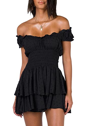 Womens Summer Tube Top Dress Off-Shoulder Ruffled Flowy Mini Short Dresses