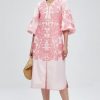Women Casual V-Neck Mid Dress Floral Embroidery 3/4 Sleeves Spring Summer Tunic Dress Loose Zip Party Dress with Pocket