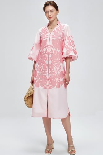 Women Casual V-Neck Mid Dress Floral Embroidery 3/4 Sleeves Spring Summer Tunic Dress Loose Zip Party Dress with Pocket