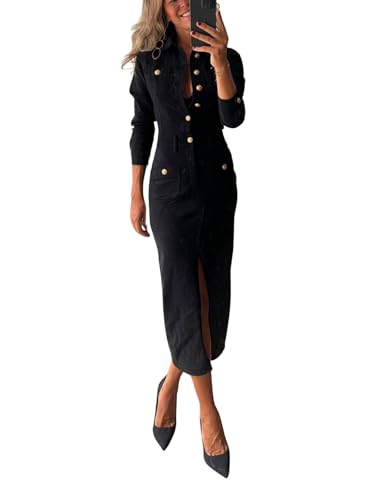 Womens Lapel Long Sleeve Maxi Denim Dress Slim Bodycon Slit 1/2 Button Shirt Dresses