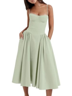 Women??s Corset Dress Sexy Spaghetti Strap Bustier Midi Dress Low Cut Flowy Pleated Hem Formal Dresses with Pockets