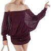 Loose Fit Sheer Dress Batwing Off The Shoulder Long Sleeve Mini Ruched Oversized Casual Streetwear Sexy Dress