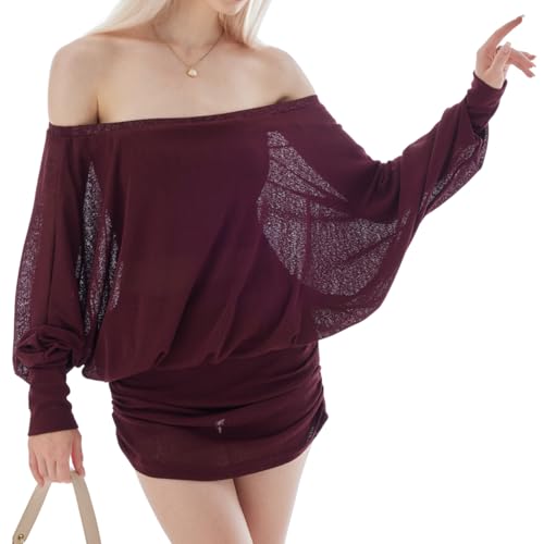 Loose Fit Sheer Dress Batwing Off The Shoulder Long Sleeve Mini Ruched Oversized Casual Streetwear Sexy Dress