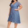 Women's Summer V Neck Short Ruffles Sleeves Lace Midi Plus Size Cocktail Party Formal Dresses