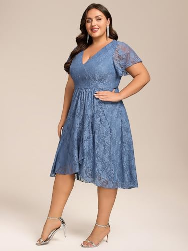 Women's Summer V Neck Short Ruffles Sleeves Lace Midi Plus Size Cocktail Party Formal Dresses