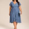 Women's Summer V Neck Short Ruffles Sleeves Lace Midi Plus Size Cocktail Party Formal Dresses