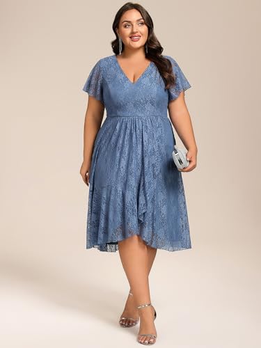Women's Summer V Neck Short Ruffles Sleeves Lace Midi Plus Size Cocktail Party Formal Dresses