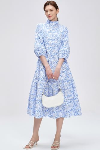 Women V-Neck Floral Maxi Dress Elegant Printed Button Down Puff Sleeve Tiered A-Line Flowy Party Long Dress with Pocket