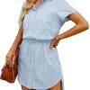 Women Casual Denim Dress Short Sleeve Tie Waist Classic Jean Shirt Dress