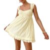 Women Sleeveless Mini Sundress Floral Embroidery Elastic Waist Aline Dress Square Neck Babydoll Short Dress