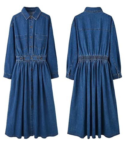 Women's Denim Dress Lapel Button Down Long Sleeve A Line Jeans Maxi Dress Plus Size Denim Shirt Dress with Pockets