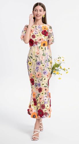 411ctwxhefL.jpg Women's 3D Floral Short Sleeves Crew Neck Fishtail Mesh Embroidery Party Cocktail Maxi Dress