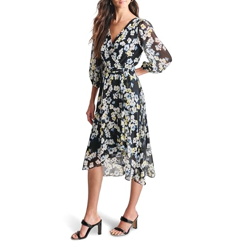 Women's Balloon Sleeve Faux Wrap Midi Dress