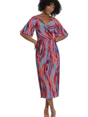 Women's Short Flutter Sleeve Faux Wrap Midi Dress