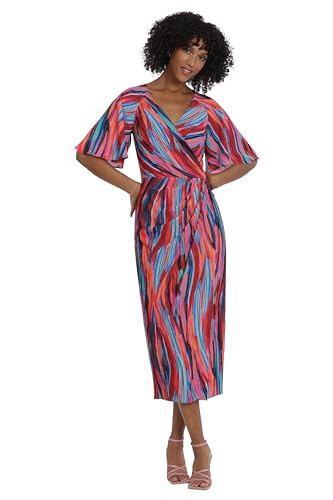 Women's Short Flutter Sleeve Faux Wrap Midi Dress