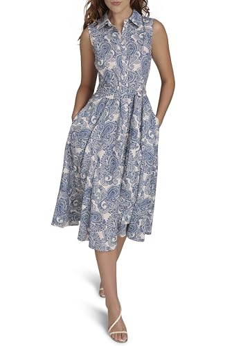 Women's Sleeveless Collared Button Front Tie Waist Midi Shirt Dress
