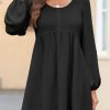 Womens 2025 Casual Dresses Smocked Crewneck Button Up Long Sleeve Empire Waist A-Line Mini Dress
