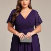 A Line V Neck Chiffon Short Sleeves High Low Knee Length Plus Size Wedding Guest Dresses for Curvy Women 01923-DA