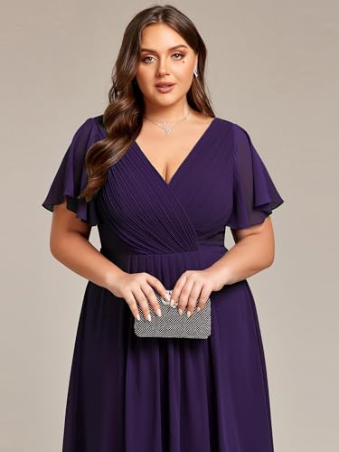 A Line V Neck Chiffon Short Sleeves High Low Knee Length Plus Size Wedding Guest Dresses for Curvy Women 01923-DA