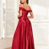 Off Shoulder Satin Bridesmaid Dresses Spaghetti Strap Long Ruched A Line Formal Prom Dress with Slit 006