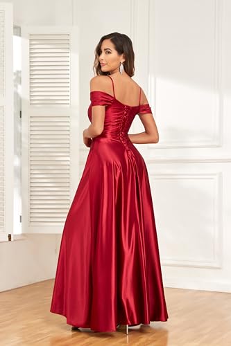 Off Shoulder Satin Bridesmaid Dresses Spaghetti Strap Long Ruched A Line Formal Prom Dress with Slit 006
