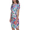 Women's Short Ruched Sleeve Jewel Neck Sheath Mini Dress