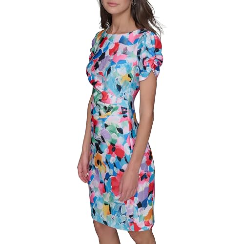 Women's Short Ruched Sleeve Jewel Neck Sheath Mini Dress