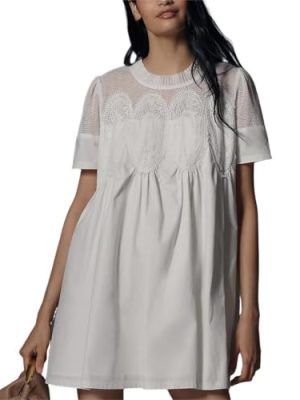 Women Crochet Lace Mini Dress Round Neck Short Sleeve Sheer Mesh Clothing Casual Outfits with Lace Back Design