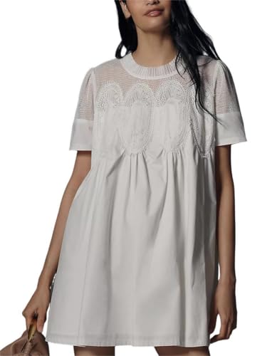 Women Crochet Lace Mini Dress Round Neck Short Sleeve Sheer Mesh Clothing Casual Outfits with Lace Back Design