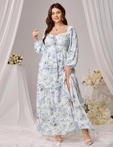 Womens Plus Size Floral Tiered Ruffle Long Sleeve Evening Party Wedding Guest Dress
