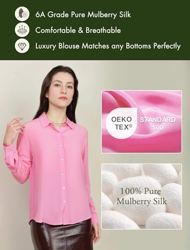 100% Pure Silk Blouses for Women Long Sleeve: Women's Button-Down Elegant Shirts Lapel Luxurious Casual Blouse