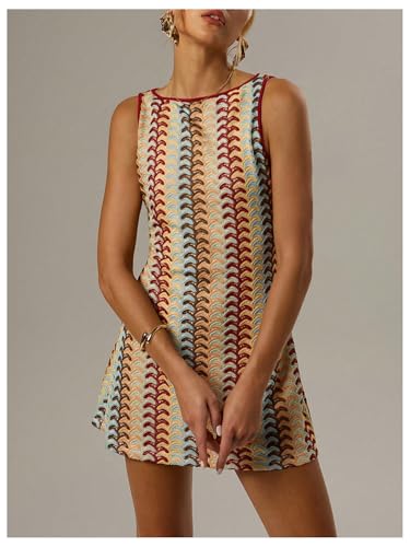 Women's Color Block Crochet Boho Bodycon Mini Dress Summer Peasant Vacation Sleeveless Tank Sundresses 2025