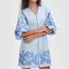 Women Mini Dress Summer 3/4 Puff Sleeves Embroidery Floral Tunic Mini Dress V Neck Loose Zip Party Dresses