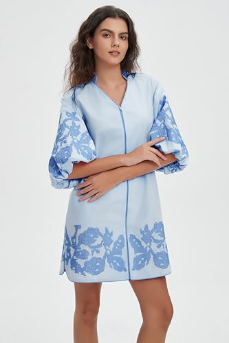 Women Mini Dress Summer 3/4 Puff Sleeves Embroidery Floral Tunic Mini Dress V Neck Loose Zip Party Dresses
