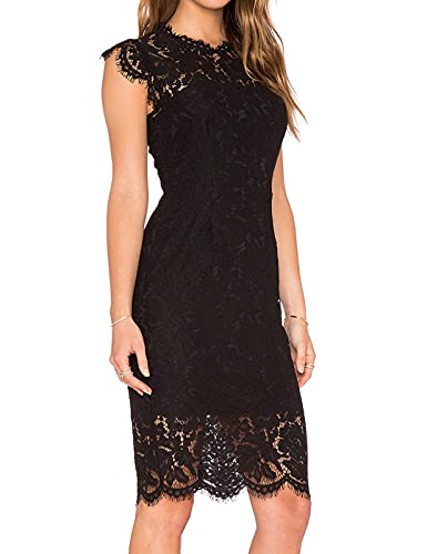 Women's Sleeveless Lace Floral Elegant Cocktail Dress Crew Neck Knee Length for Party