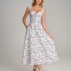 Floral Corset Midi Dresses for Women 2025 Lace Up Flowy Summer Wedding Guest Dress with Pockets