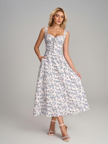 Floral Corset Midi Dresses for Women 2025 Lace Up Flowy Summer Wedding Guest Dress with Pockets