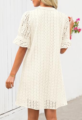 Women's 2025 Summer Short Sleeve Mini Dress V Neck Ruffle Hollow Out Eyelet Lace Dresses