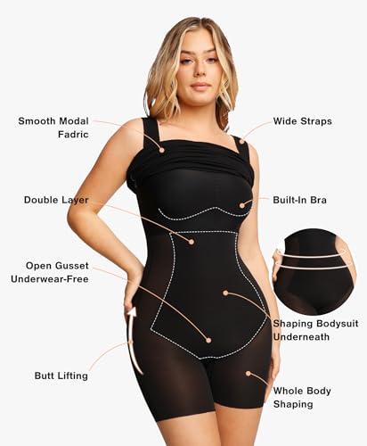 Cocktail Dresses for Women Built in Shapewear Bra 8 in 1 Square Neck Mini Slit Party Summer Dress