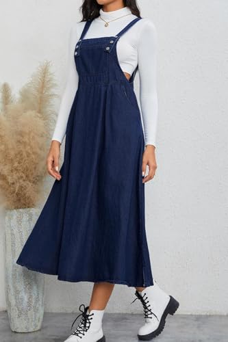 Women's Casual Denim Overall Dress Sleeveless Flowy Baggy Long Jean Jumper Dresses