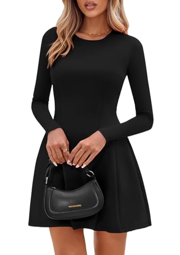 Long Sleeve Mini Dress for Women 2025 Fall Crewneck Knit Pleated Babydoll A Line Soft Casual Short Party Dresses