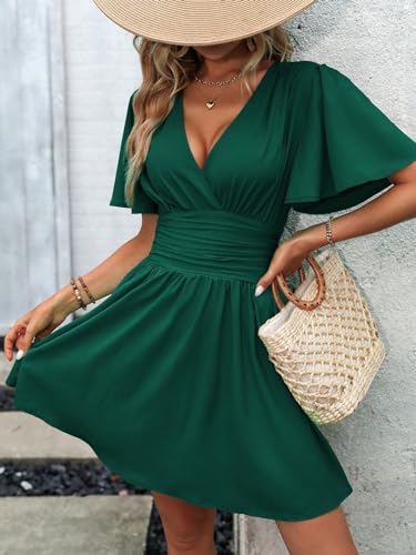 Women's Boho 2025 Summer Mini Dress, Sleeve Ruched Waist Dress