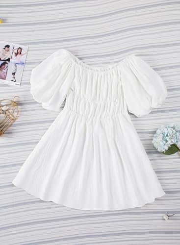 Womens Off The Shoulder Summer Dresses 2025 Short Lantern Sleeve Ruffle Elastic Waist A-Line Casual Mini Dress