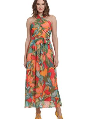 London Times Women's Twist Neck Halter Maxi Dress