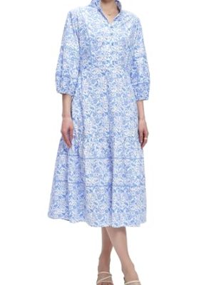 Women V-Neck Floral Maxi Dress Elegant Printed Button Down Puff Sleeve Tiered A-Line Flowy Party Long Dress with Pocket