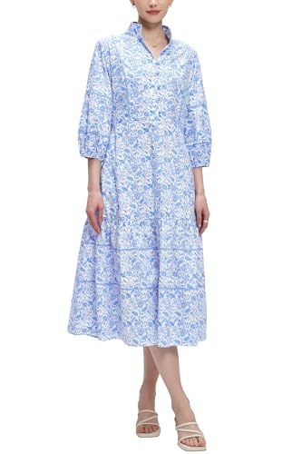 Women V-Neck Floral Maxi Dress Elegant Printed Button Down Puff Sleeve Tiered A-Line Flowy Party Long Dress with Pocket