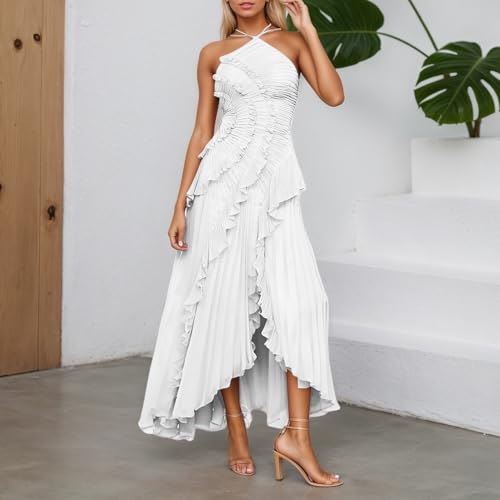 418YOGCW1QL.jpg Chiffon Tiered Dresses for Women Formal Halter Sleeveless Flowy Maxi Dress Summer Sexy Irregular Hem Solid Sundresses